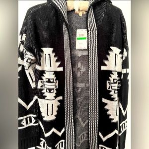 HIPPIE ROSE - by Macy’s/ Hooded Cardigan/ Color Black & Ivory / Size L